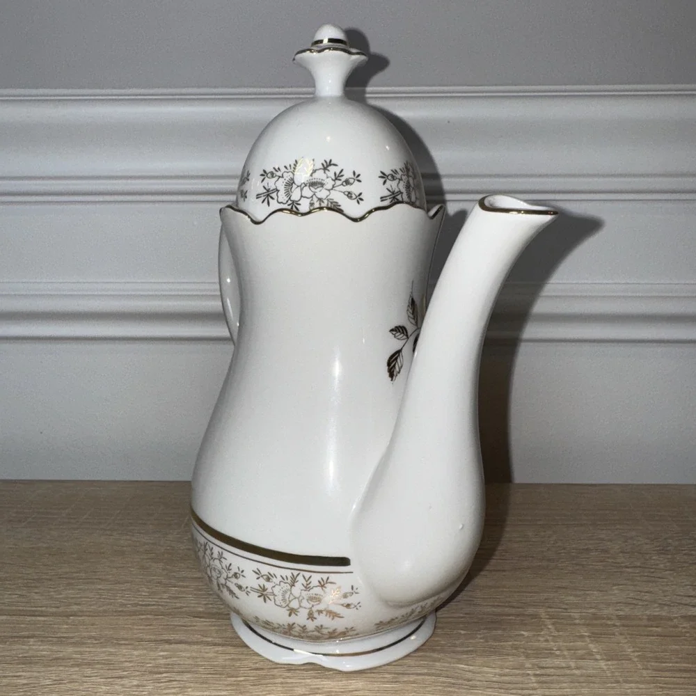 VTG 25Th Anniversary Tea Coffee Pot‎ AB-190 Norcrest Chatillon White Gold Japan